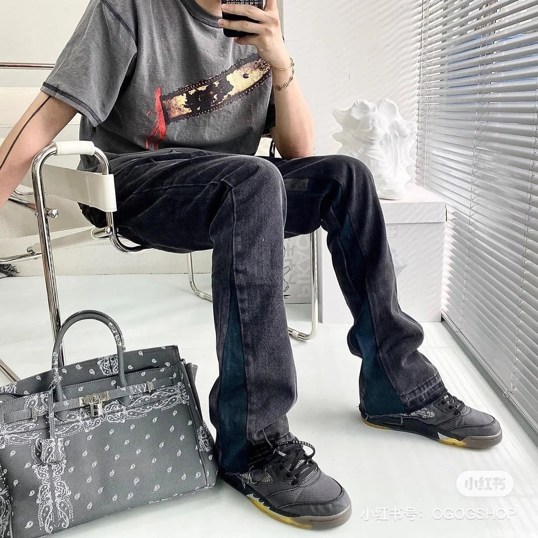 Vintage Flared Jeans for Men Y2K Streetwear Frayed Jean Pants Baggy Hip Hop Graffiti Colorblock Slim Fit Denim Jeans Man Black